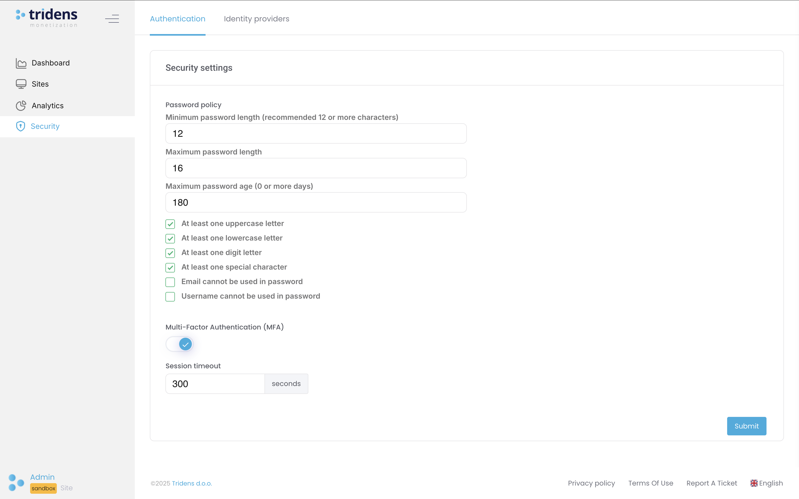 Authentication Settings Page